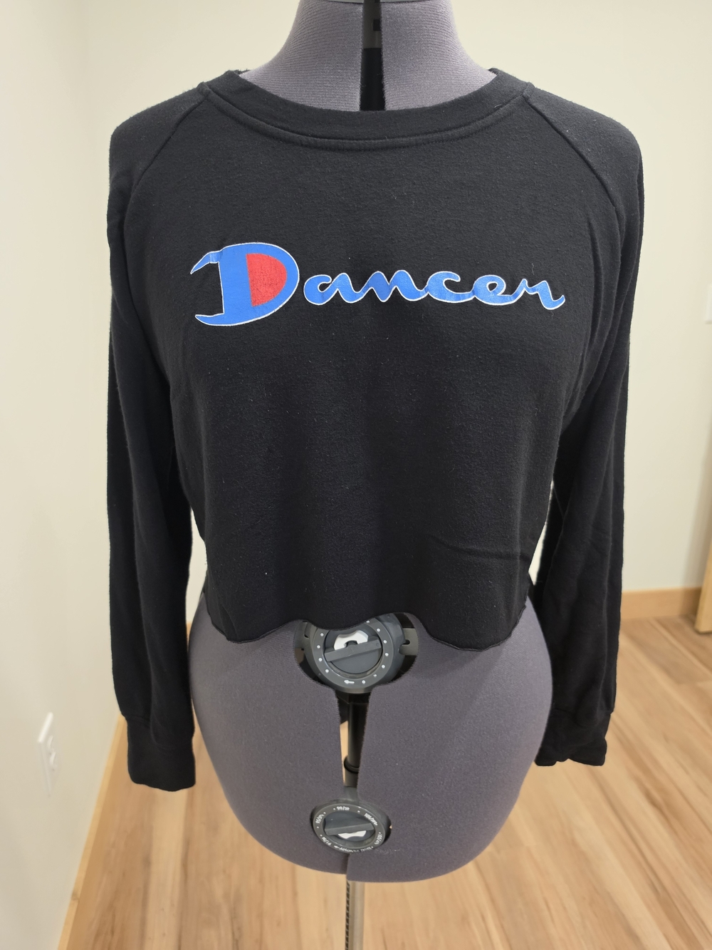 Rainbow Black Cropped Long-Sleeve Top with Blue and Red 'Dancer' Script
